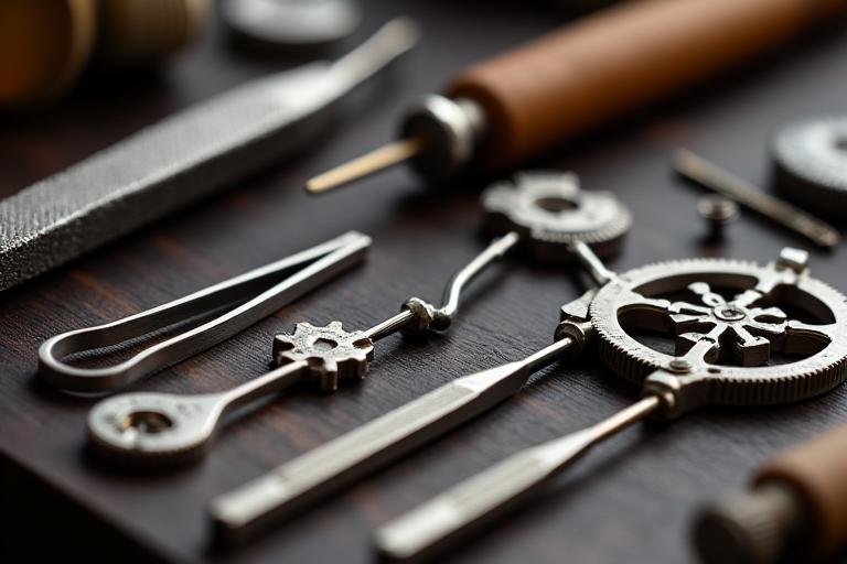 Watchmaker's precision tools laid out on a workbench, signifying craftsmanship and attention to detail.