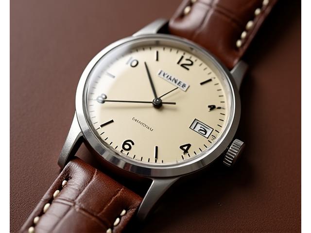 Classic silver watch with brown leather strap