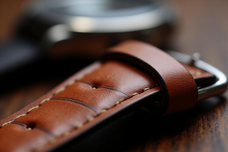 Hand-stitched brown leather watch strap with polished buckle