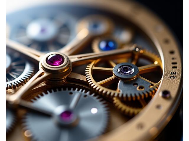 Macro shot of a watch movement and intricate gears, showing fine craftsmanship